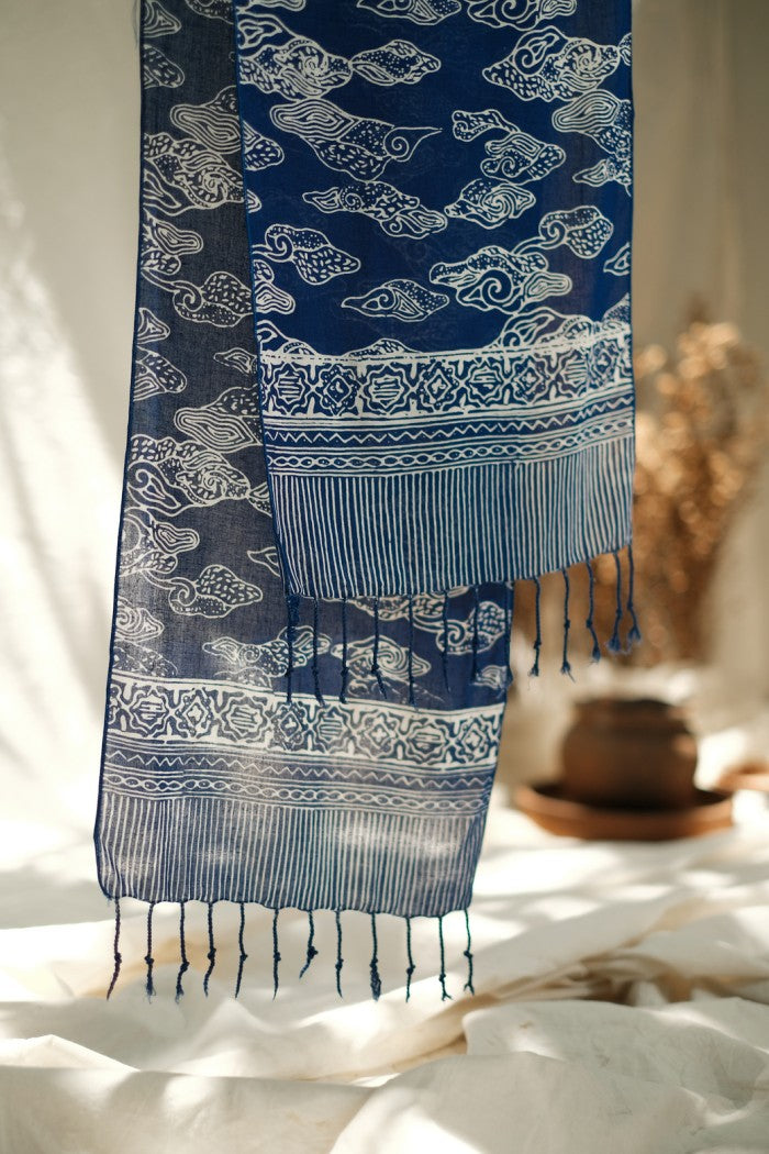 Syal Katun Paris Batik 25x140 C11 Biru Tua / Selendang / Scarf