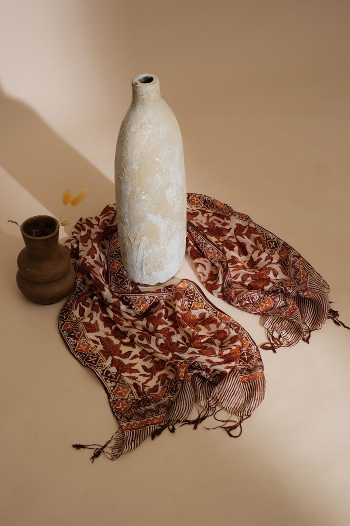 Syal Batik Sutra Daun Puring - Brown - 55