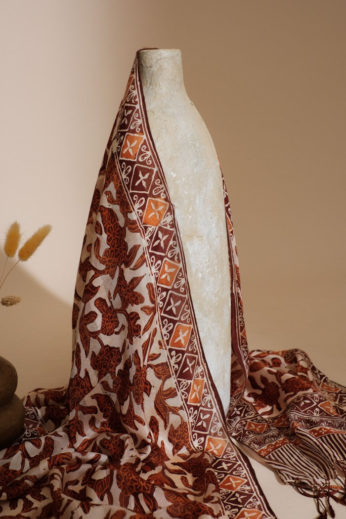 Syal Batik Sutra Daun Puring - Brown - 55