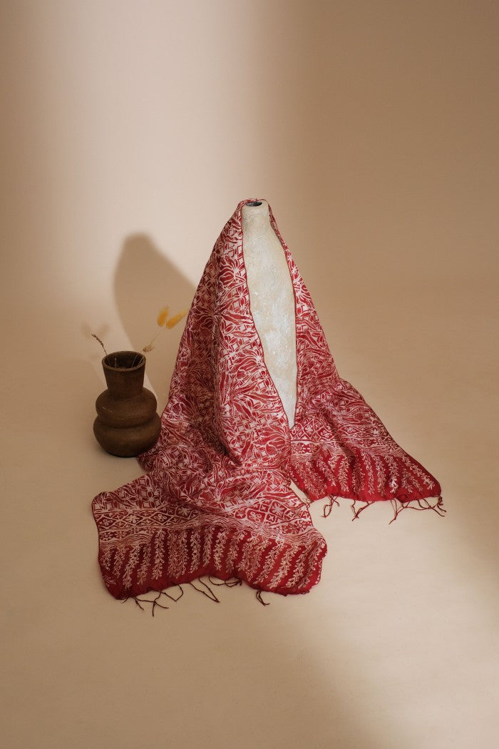 Syal Batik Sutra Kawung Padi - Red - 45