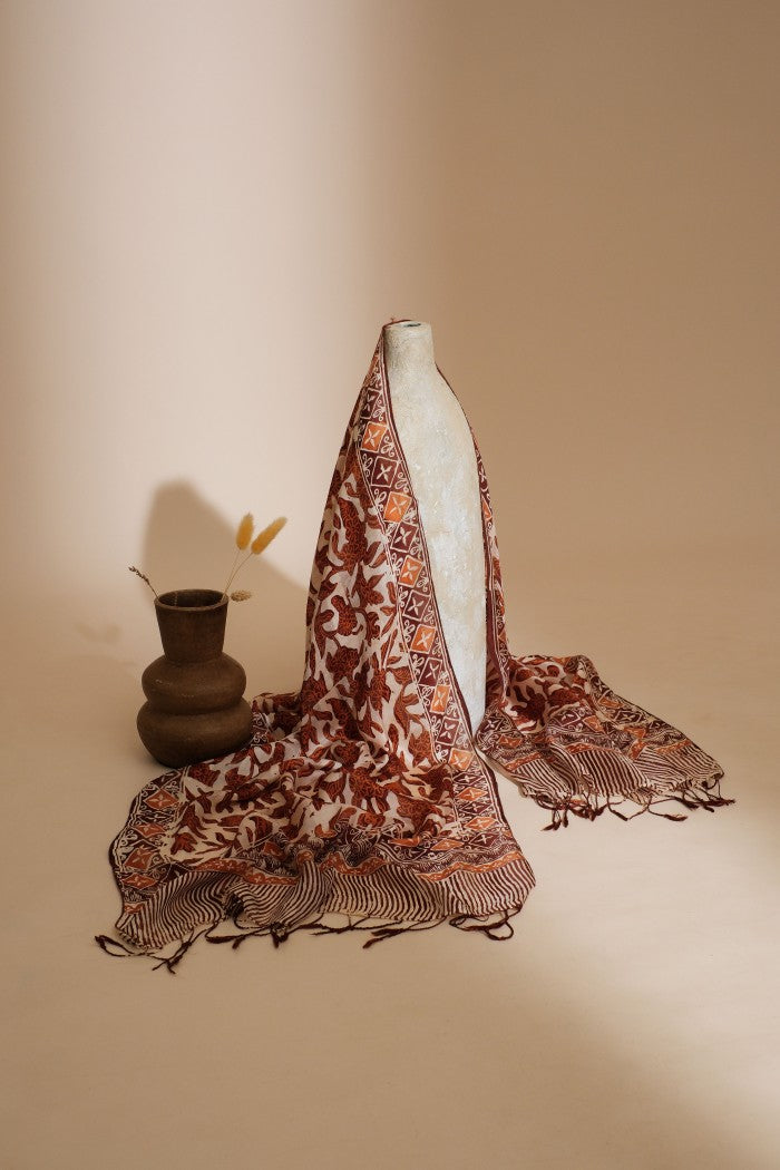 Syal Batik Sutra Daun Puring - Brown - 55