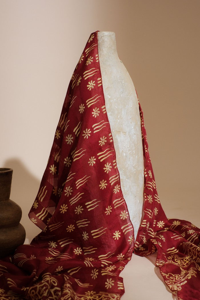 Syal Batik Sutra Melati Garis - Red - 45