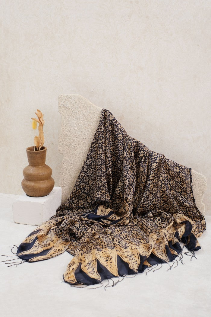 Selendang Sutra Batik - Kawung Bribil in Blue - 90