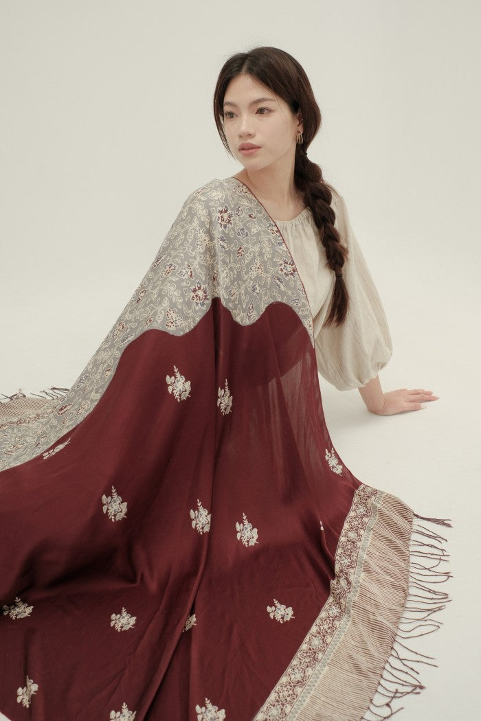 Selendang Sutra Batik Premium - Selaras Maroon Grey