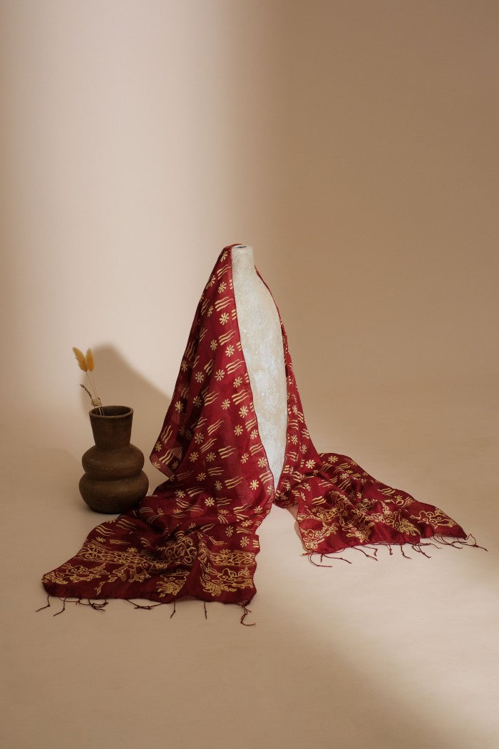 Syal Batik Sutra Melati Garis - Red - 45