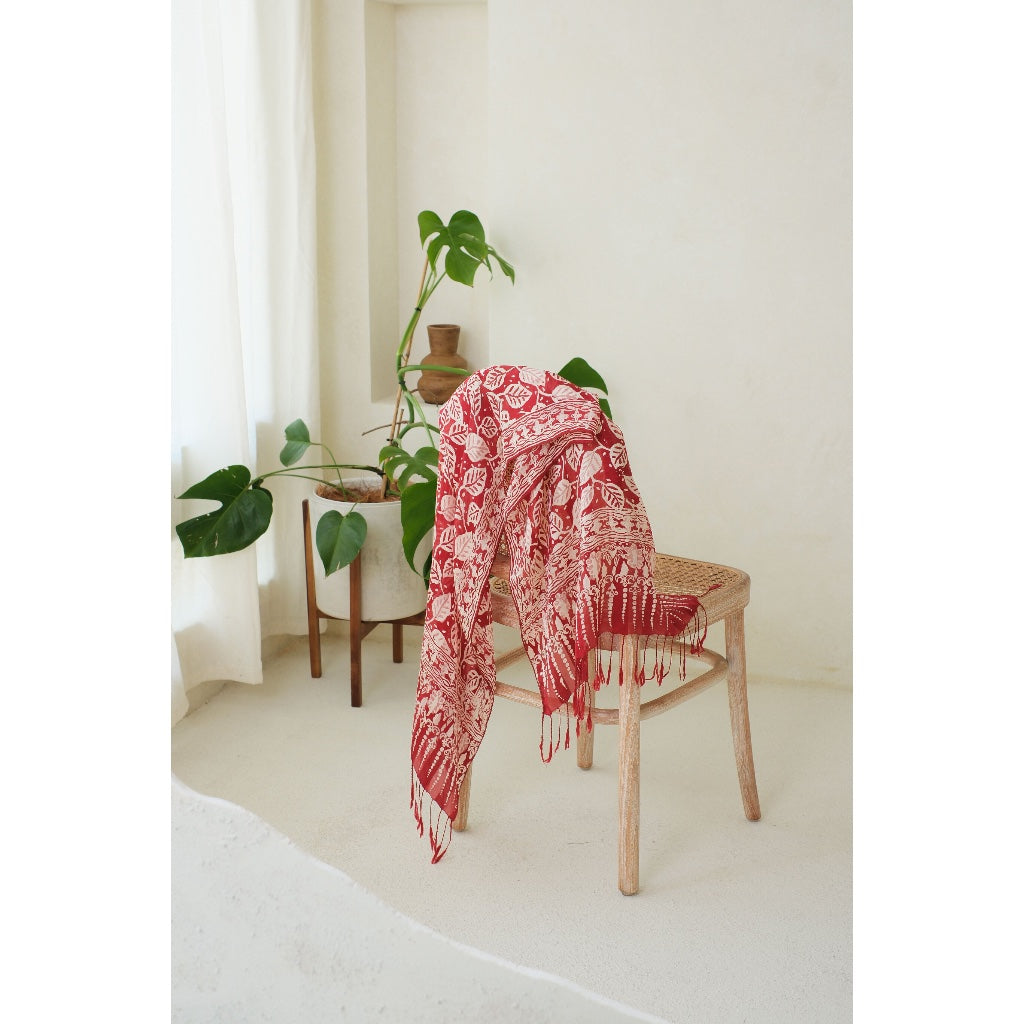 Syal Batik Sutra Calathea in Red - 55