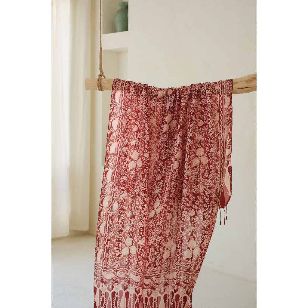 Selendang Sutra Batik Mandevilla in Red
