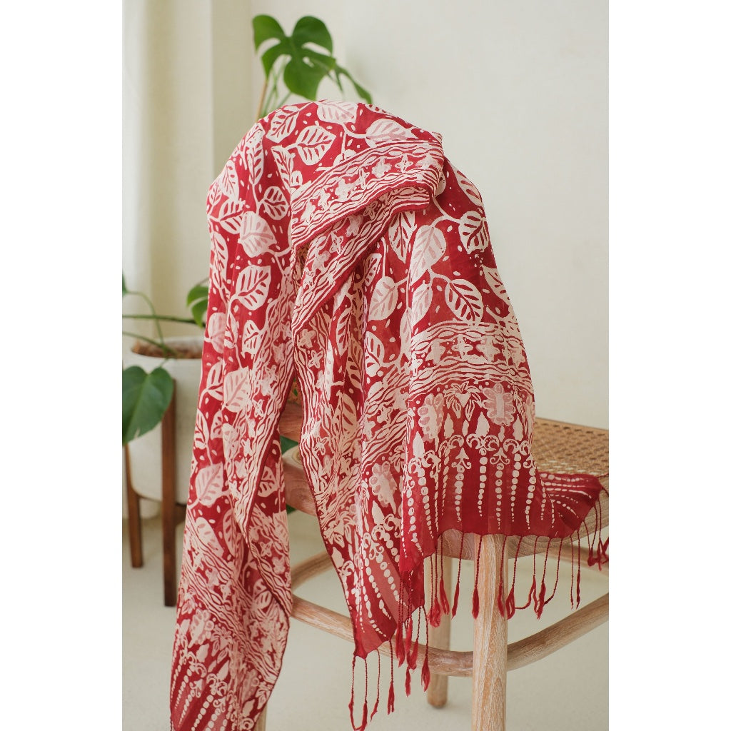 Syal Batik Sutra Calathea in Red - 55
