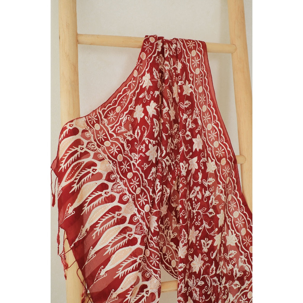 Syal Batik Sutra Daun Bintang in Red - 55