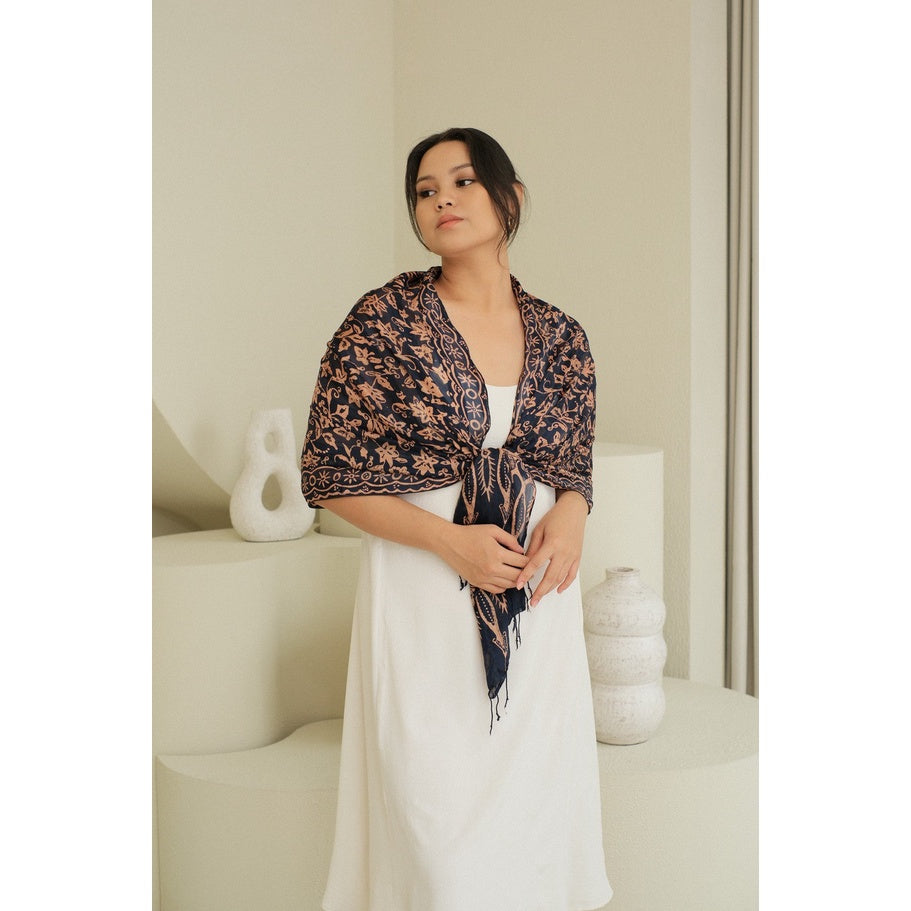 Syal Batik Sutra Daun Bintang - Dark Blue