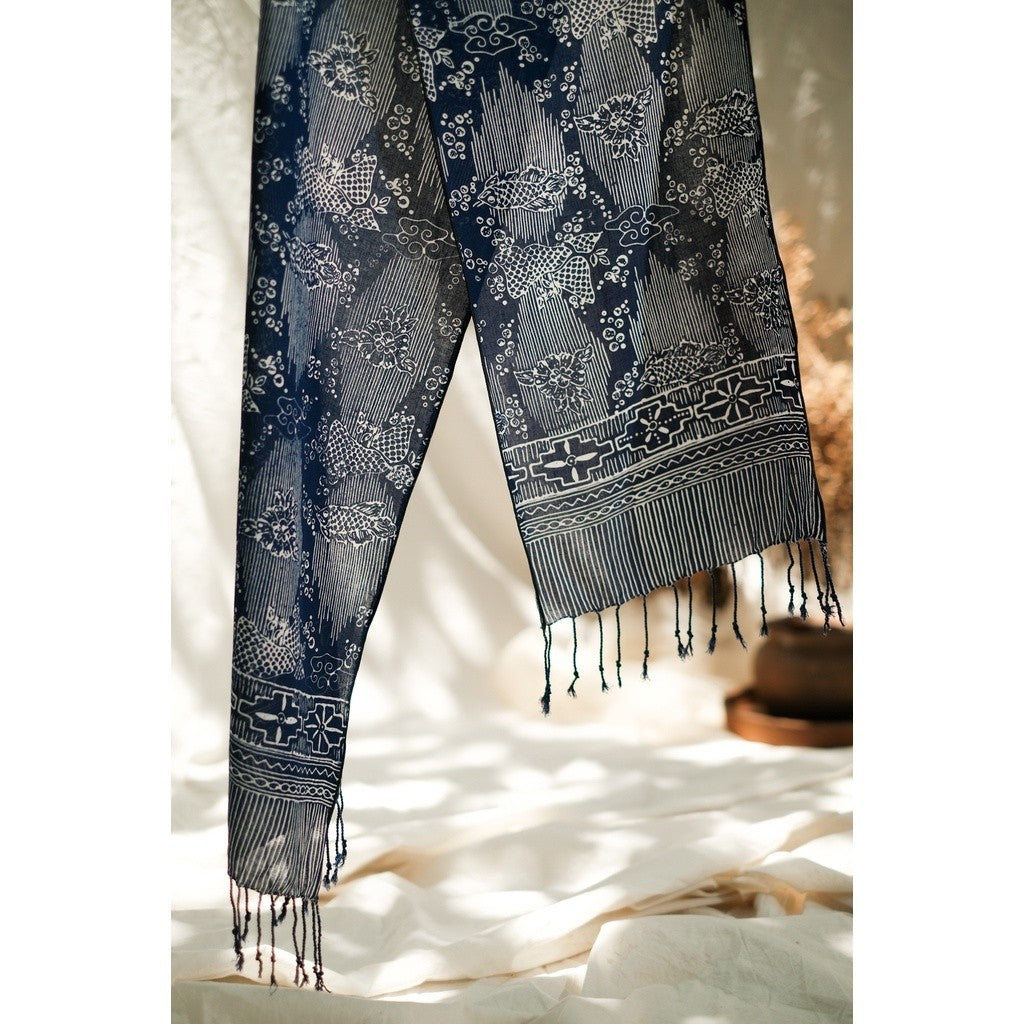 Syal Katun Paris Batik 25x140 C73 Biru Tua / Selendang / Scarf