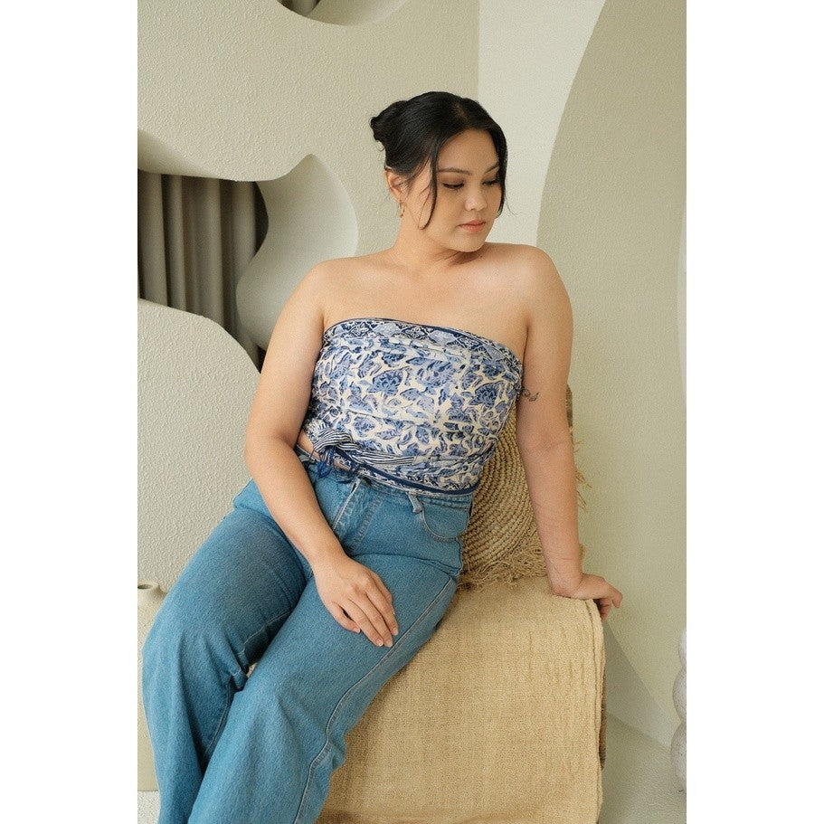 Syal Batik Sutra Daun Tumbuh - Blue