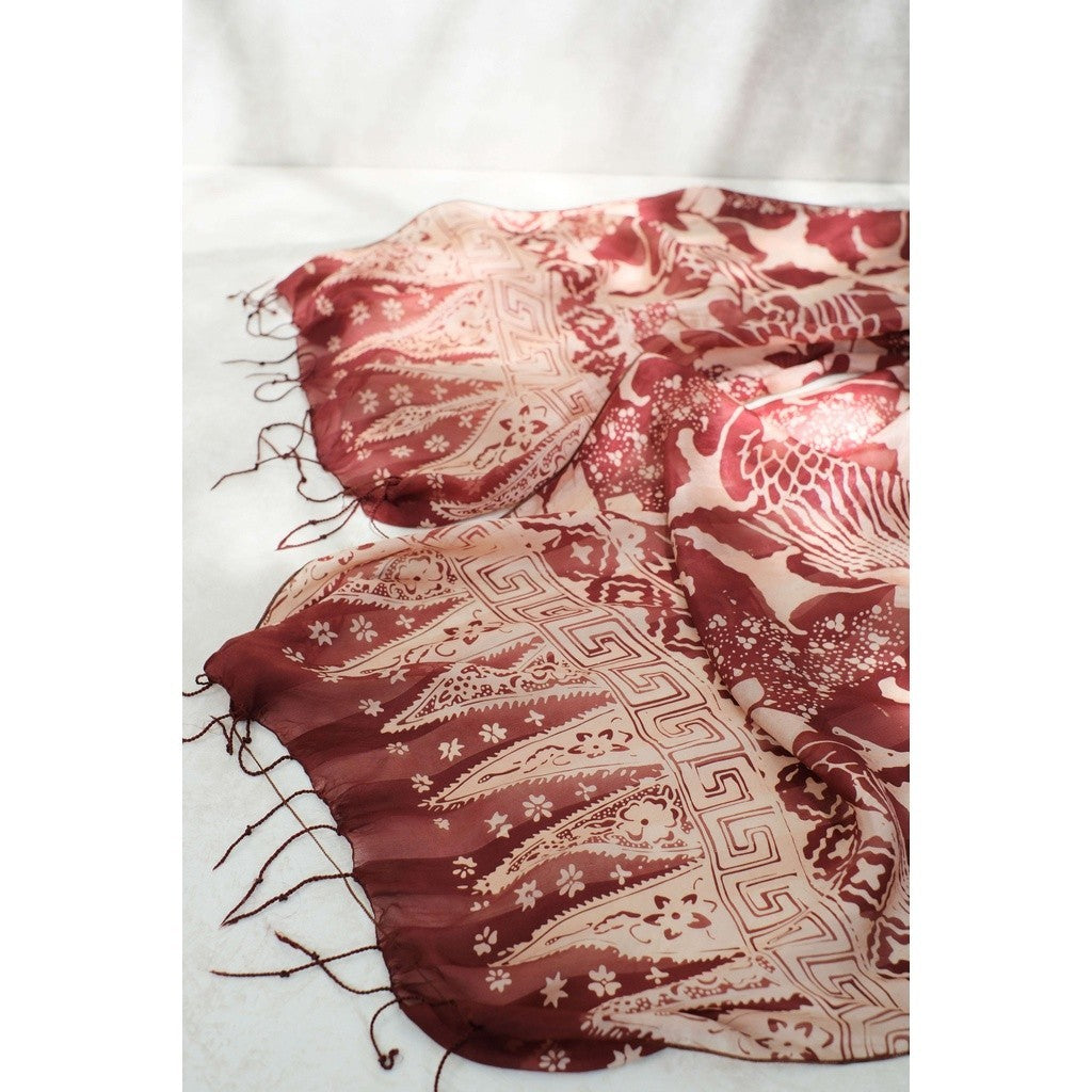 Syal Batik Sutra Bunga Pelikan - Maroon - 45