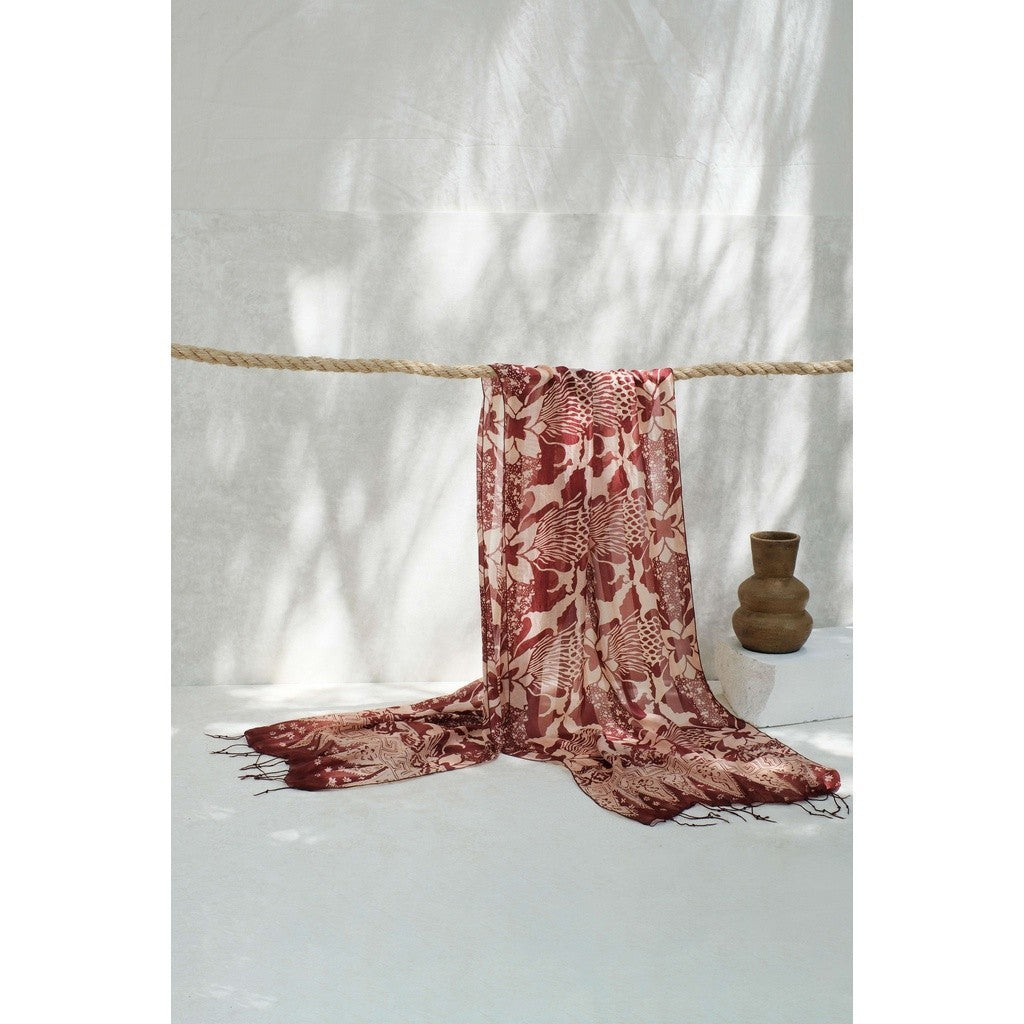 Syal Batik Sutra Bunga Pelikan - Maroon - 45