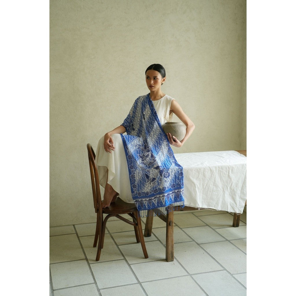 Selendang Batik Encim Parang Plain Blue White