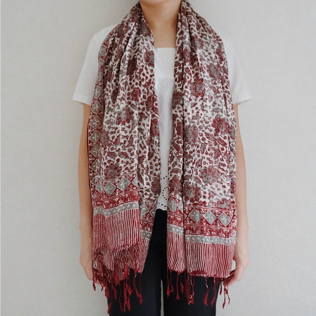 Selendang Sutra Salur Batik 80×180 Putih Ungu 02/Syal/Scarf/Pashmina