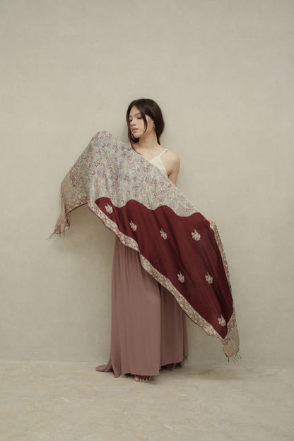 Syal Sutra Batik Premium - Selaras Maroon Grey