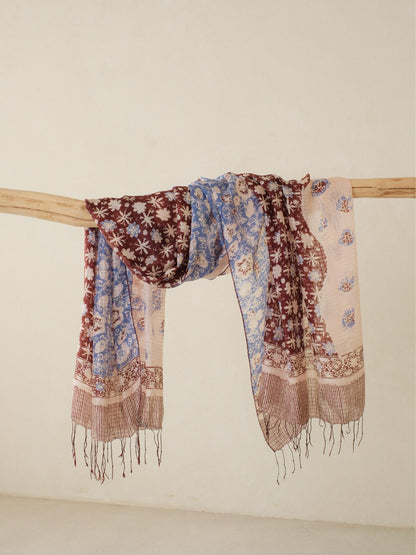 Batik Ratu - Selendang Sutra Batik - Truntum Daun - Brown Blue