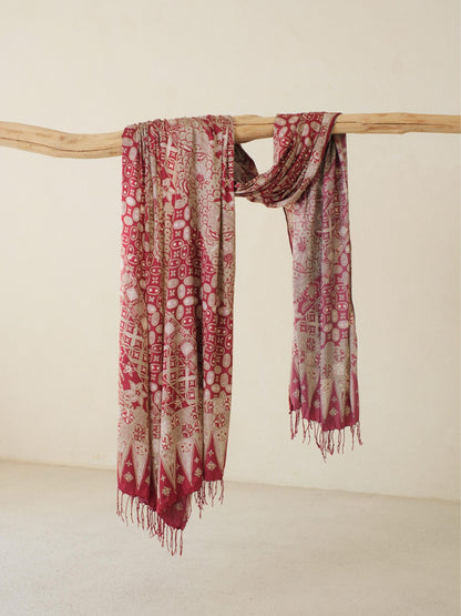 Selendang Sutra Batik Tulis - Kawung Sisik - Red Brown