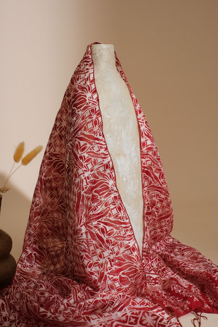 Syal Batik Sutra Kawung Padi - Red - 45