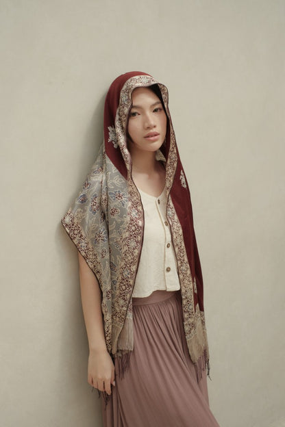Syal Sutra Batik Premium - Selaras Maroon Grey