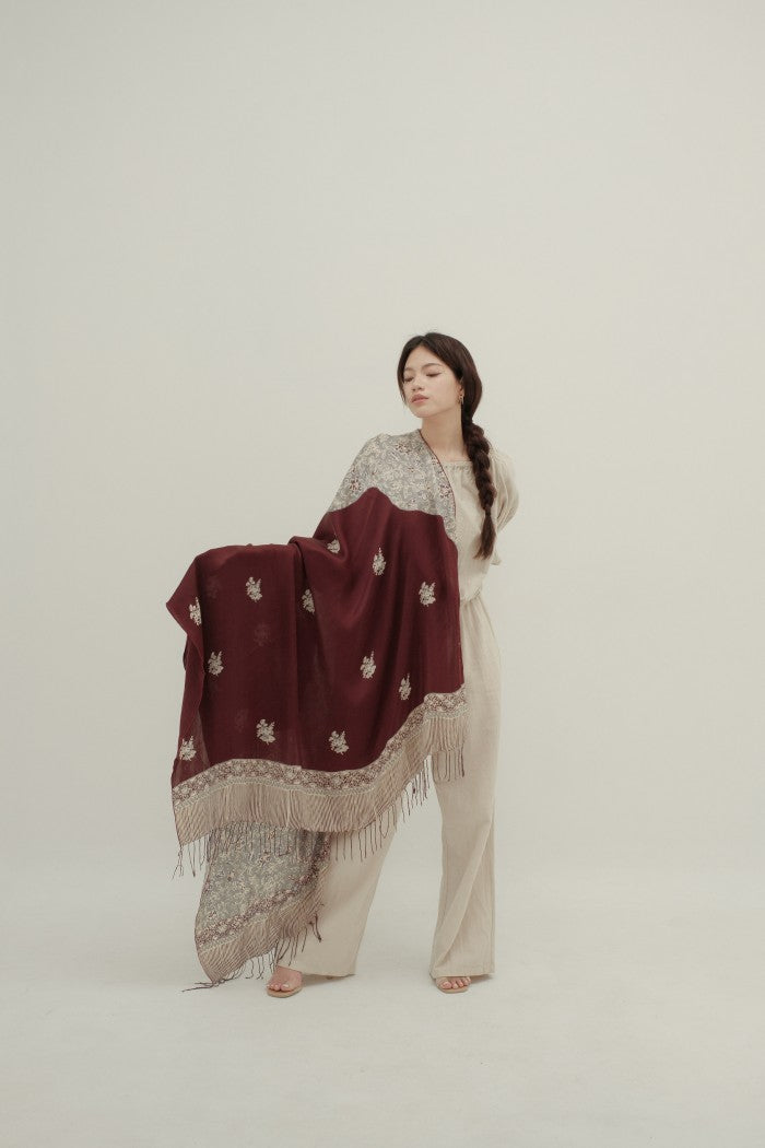 Selendang Sutra Batik Premium - Selaras Maroon Grey