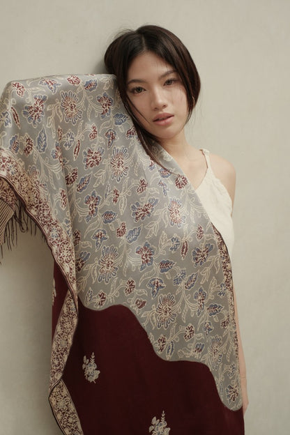 Syal Sutra Batik Premium - Selaras Maroon Grey