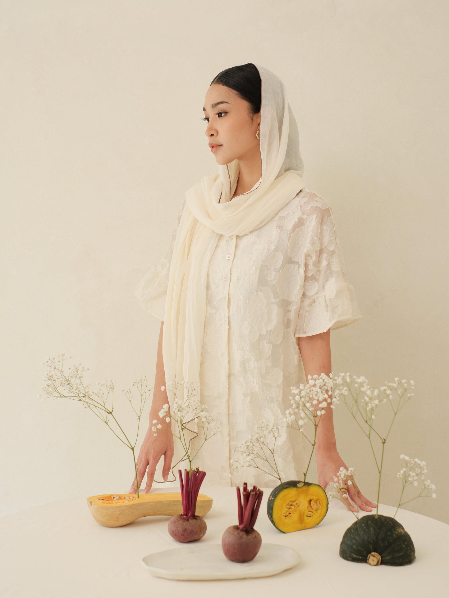 Alma in White Shawl - Selendang Batik