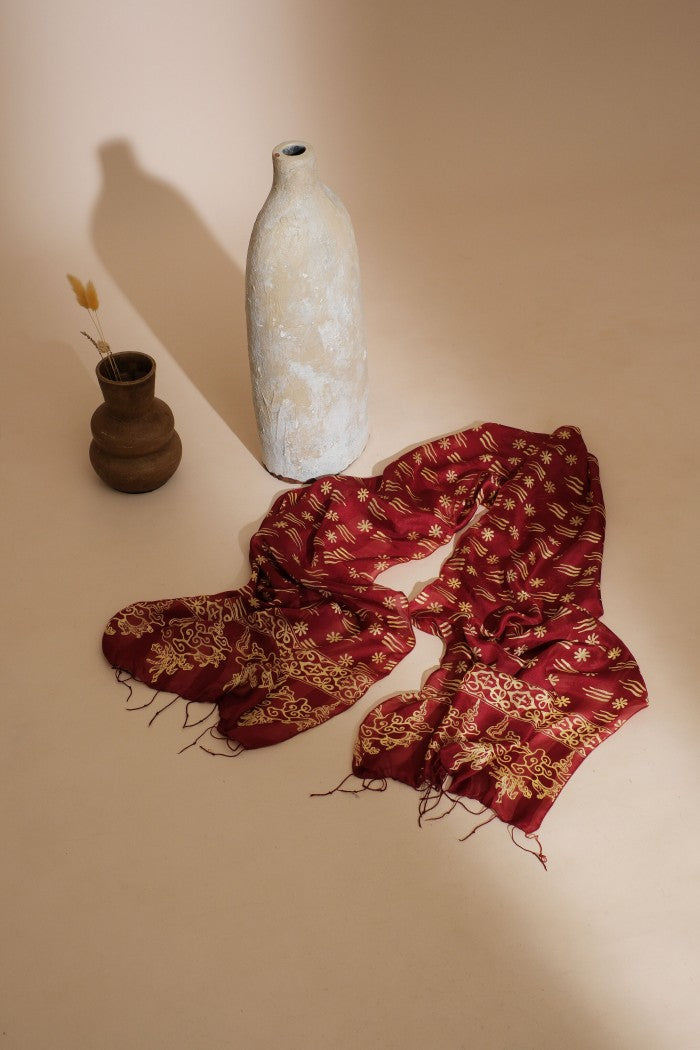 Syal Batik Sutra Melati Garis - Red - 45