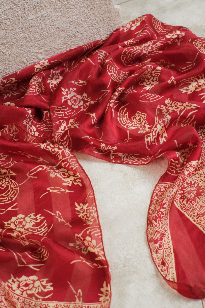 Syal Batik Sutra Bunga Kipas - Red - 45