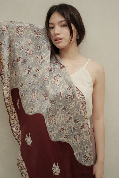 Syal Sutra Batik Premium - Selaras Maroon Grey