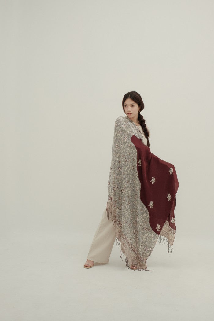 Selendang Sutra Batik Premium - Selaras Maroon Grey