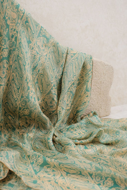 Selendang Sutra Batik - Parang Bunga Kombi in Green - 90