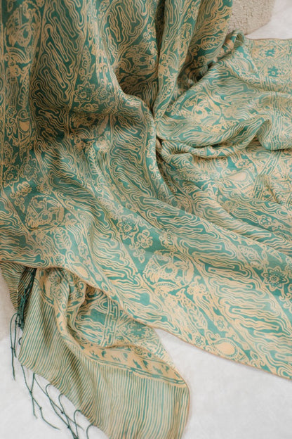 Selendang Sutra Batik - Parang Bunga Kombi in Green - 90