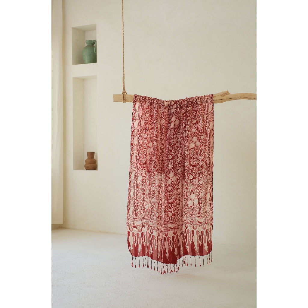 Selendang Sutra Batik Mandevilla in Red