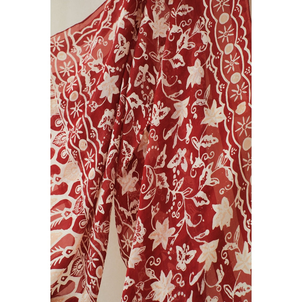 Syal Batik Sutra Daun Bintang in Red - 55