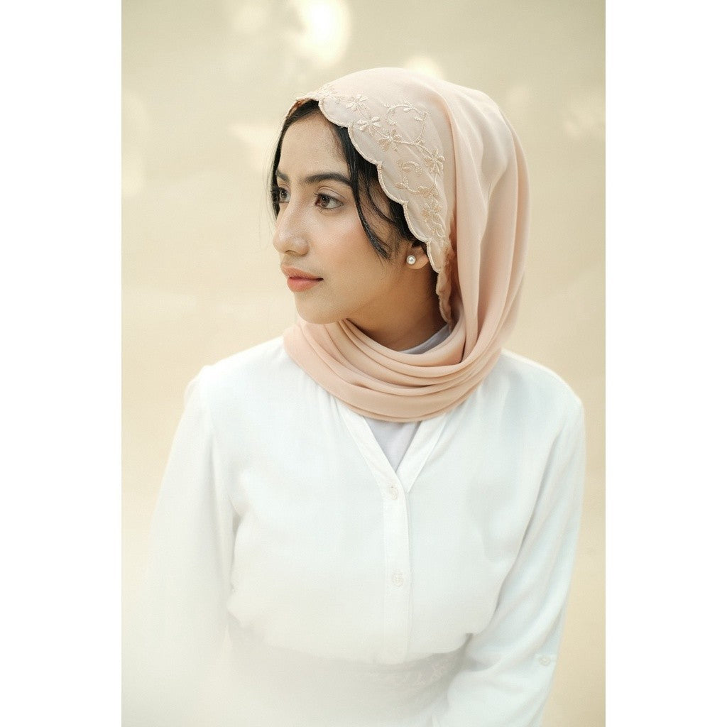 Embroidery HIjab Shawl - Flora - Almond