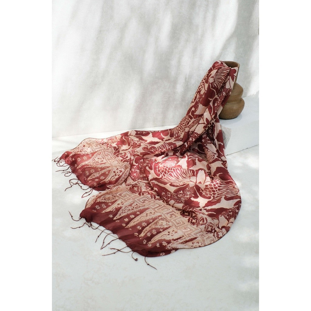 Syal Batik Sutra Bunga Pelikan - Maroon - 45