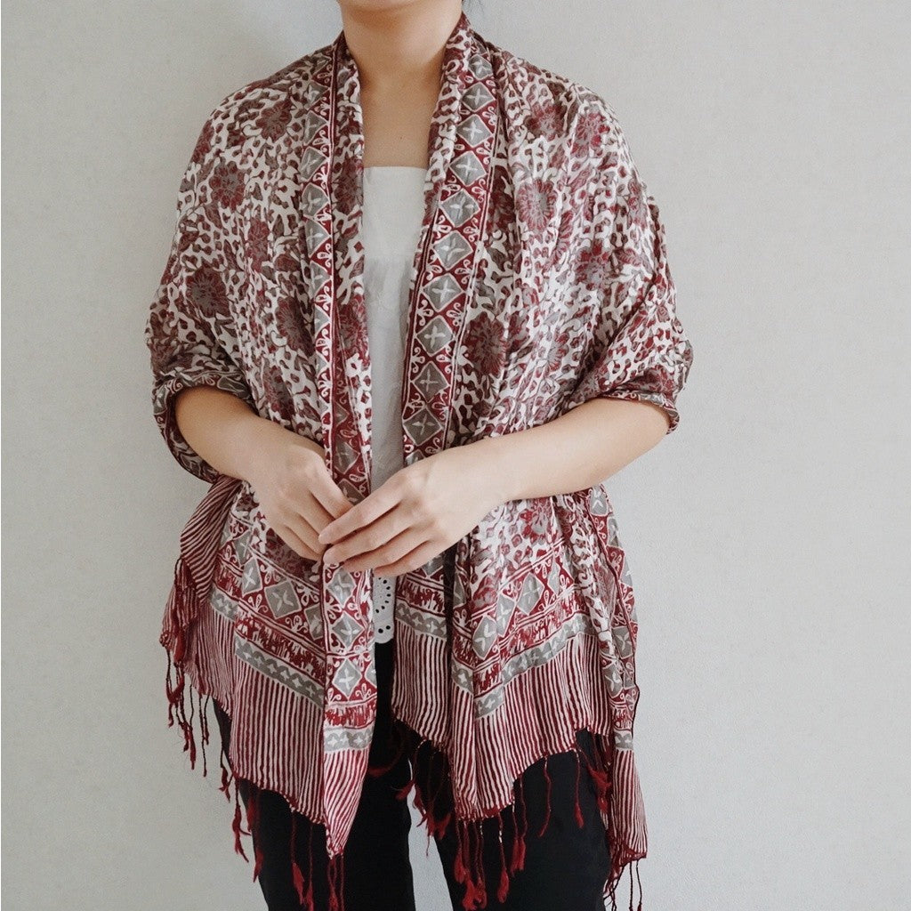 Selendang Sutra Salur Batik 80×180 Putih Ungu 02/Syal/Scarf/Pashmina